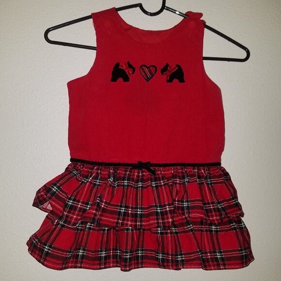 Scottie Dog Red Corduroy Dress Toddler 2T Valentine's Day Heart Plaid Skirt - Picture 1 of 5